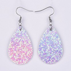 Colorful PU Leather Dangle Earrings, with 316 Surgical Stainless Steel Earring Hooks, teardrop, Colorful, 59~61mm, Pin: 0.7mm