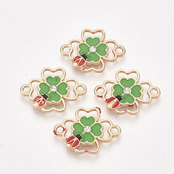 Vert Connecteurs de liens d'alliage, avec strass et émail, trèfle à la coccinelle, or, verte, 15x20x2mm, Trou: 1.8mm