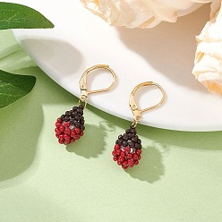 Красный Серьги из стеклянных бусин ручной работы с застежкой-молнией, желудь, с выпечкой окрашены перламутровым стеклом круглые бусины, золотые, красные, 31x9.5 мм