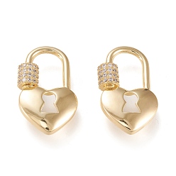 Golden Brass Micro Pave Clear Cubic Zirconia Screw Carabiner Lock Charms, for Necklaces Making, Long-Lasting Plated, Heart Lock, Golden, 25x15x3mm, Screw: 5x6mm
