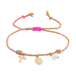Оранжевый Богемные браслеты из латуни с подвесками из натурального пресноводного жемчуга, регулируемые плетеные браслеты из хлопкового шнура для женщин, крест и овал с иисусом, оранжевые, 11.02 дюйм (28 см)