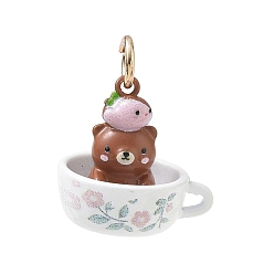 Saddle Brown Spray Painted & UV Printed Brass Pendants, Cup with Bear Charms, Golden, Saddle Brown, 18x18x15mm, Hole: 4mm