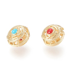 Real 18K Gold Plated Brass Beads, with Enamel, Hollow, Rondelle, Red & Turquoise, Real 18K Gold Plated, 9.7x10x8mm, Hole: 3mm