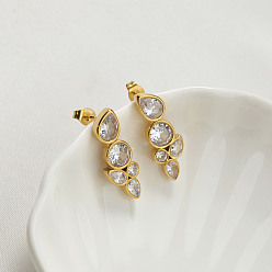 Золотой 304 Серьги-гвоздики из нержавеющей стали с прозрачными кубическими циркониями, слеза, золотые, 35 мм
