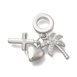 Дерево Латунь микропаве прозрачный кубический цирконий европейские подвески с подвесками, подвески в форме креста и сердца с большим отверстием, без кадмия и без свинца, долговечный, стойки покрытие, платина, дерево, 26 мм, отверстие : 5.5 мм