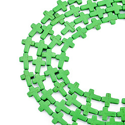 Lime Green 4 Strands Synthetic Turquoise Dyed Beads Strands, Religion Cross, Lime Green, 15.5x12x4mm, Hole: 1.4mm, about 24~26pcs/strand, 14.96''~16.14''(38~41cm)