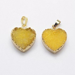 Yellow Natural Druzy Crystal Pendants, with Golden Brass Finding, Heart, Yellow, 23~24x20.5~21x7~10mm, Hole: 5x8mm
