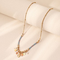 Разноцветный Ожерелье в стиле бохо 304 из нержавеющей стали с овальной монетой-кисточкой и подвеской из пластиковой жемчужины на хлопковом шнурке для женщин, золотые, красочный, 15.75 дюйм (40 см)