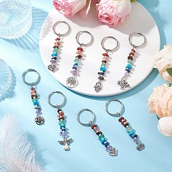 Античный Серебристый & Платиновый Сплав подвески брелки, с натуральной красной яшмой, южно-красным агатом, тигровым глазом, зеленым авантюрином, аметистом, лазуритом, синтетической бирюзой, стеклянными бусинами и железными разъемными брелоками, старинное серебро и платина, 85~95 мм, 8 шт / комплект