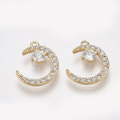Clear Brass Micro Pave Cubic Zirconia Charms, Nickel Free, Real 18K Gold Plated, Moon, Clear, 12.5x10.5x2mm, Hole: 1mm