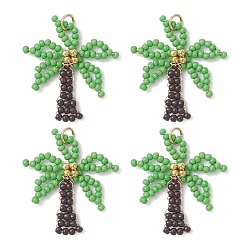 Зеленый Стеклянные подвески из бисера, очарование кокосовой пальмы, с медными и 304 соединительными кольцами из нержавеющей стали, реальный 18 k позолоченный, зелёные, 32x28x4.5 мм, отверстие : 3 мм