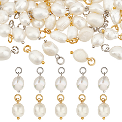 Платиновый & Золотой 52 шт. 2 цвета B натуральный культивированный пресноводный жемчуг рисовые подвески, с 304 кольцами из нержавеющей стали, цветочный белый, платиной и золотом, 13.5~15x7~7.5x5~6 мм, отверстие : 3.6 мм, 26 шт / цвет