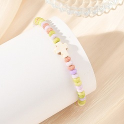 Colorful Adjustable Dyed Synthetic Turquoise Religion Cross & Ombre Effect Dyed Glass Rondelle Braided Bead Bracelets, Colorful, Inner Diameter: 1.93~3.54 inch(4.9~9cm)