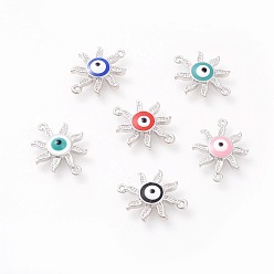 Mixed Color Brass Enamel Links connectors, Sun with Evil Eye, Platinum, Mixed Color, 18x14x3mm, Hole: 1mm