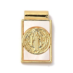 Настоящее золото 18K Стойка, покрытие, религия, латунь, прямоугольные подвески из ракушки, подвески медали святого бенедикта, без свинца и без кадмия, долговечный, реальный 18 k позолоченный, 24x14x4.5 мм, отверстие : 2 мм