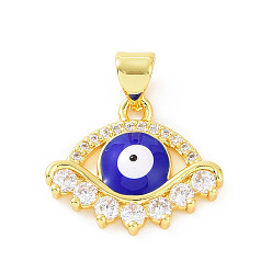 Golden Brass Micro Pave Cubic Zirconia Pendants, Enamel Evil Eye Charm, Golden, 15.5x18x3mm, Hole: 3x5mm
