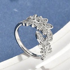 Платинированный Манжеты из латуни с микро паве кубический цирконий для женщин, без кадмия, без никеля и без свинца, лист, Реальная платина, 14 мм, размер США 6 3/4 (17.1 мм)