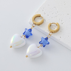 Dodger Blue 304 Stainless Steel Resin Hoop Dangle Earrings for Women, Heart with Star, with Imitation Pearl, Golden, Dodger Blue, 52mm