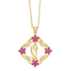 Medium Violet Red Brass Micro Pave Cubic Zirconia Pendant Necklaces, Medium Violet Red, 17.72 inch(45cm)