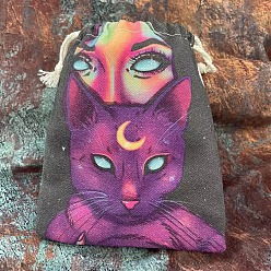 Cat Shape Tarot Theme Canvas Cloth Packing Pouches Drawstring Bags, Rectangle, Cat Pattern, 15~18x13~14cm