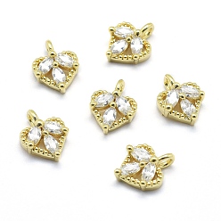 Настоящее золото 18K Латунь прелести, с кубического циркония, без кадмия, без никеля и без свинца, сердце, прозрачные, реальный 18 k позолоченный, 10x8x3 мм, отверстие : 1.5 мм