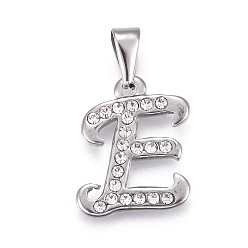Letter E 304 Stainless Steel Pendants, with Rhinestone, Letter, Letter.E, 20.5x16.5x2mm, Hole: 3~3.5x7.5~8mm