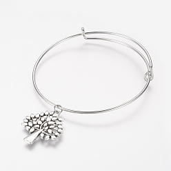 Mixed Color Adjustable Iron Charm Bangles, with Tibetan Style Alloy Tree Charms, Mixed Color, 2-1/2 inch(63mm)