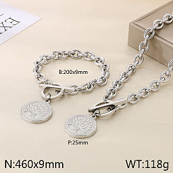 Нержавеющая Сталь Цвет Плоские круглые с деревом жизни 304 ожерелья из нержавеющей стали и браслеты с подвесками, цвет нержавеющей стали, 460 мм