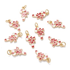 Красный Настоящие золотые подвески из латуни с эмалью 18 k, с целью перехода в кольце, на Рождество, конфетный тростник с bowknot, красные, 17.5x10x1 мм, отверстие : 3.4 мм