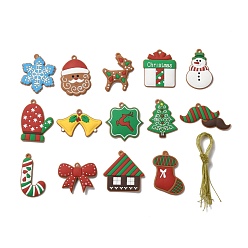 Mixed Color PVC Hanging Decorations, with Cord, Christmas Theme, Mixed Shapes, Mixed Color, Pendant: 36~69.5x36.5~80x3.5~4.5mm, Hole: 3.9~4.4mm, 14pcs/set