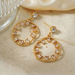 Золотой Плоские круглые серьги-гвоздики из нержавеющей стали, с четким кубического циркония, золотые, 38x25 мм