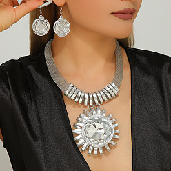 Platinum Aluminum & Alloy & Acrylic Sunflower Statement Jewelry Set, Bib Necklace & Spiral Dangle Earrings for Women, Platinum, 19.69 inch(50cm)