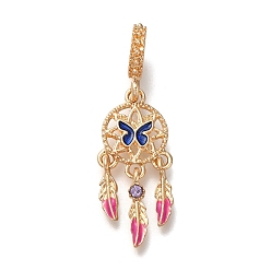 Золотой Подвески из сплава со стразами в стойке в европейском стиле, плетеная паутина/сетка с перьями, подвески с большими отверстиями, Эмаль стиле, золотые, 41 мм, отверстие : 4.8 мм