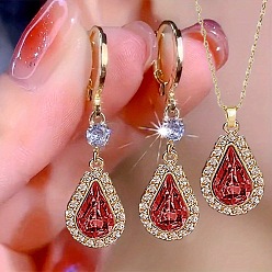 Красный Комплект из ожерелья и серег из сплава со стразами и каплевидной подвеской для женщин, красные, Ожерелье: 450 mm