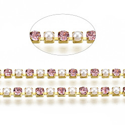 Light Rose Brass Rhinestone Strass Chains, with ABS Plastic Imitation Pearl, Rhinestone Cup Chain, Grade A, Raw(Unplated), Light Rose, 2x2mm, 4000pcs rhinestone/bundle, about 32.8 Feet(10m)/bundle