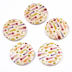 Seashell Color Fruit Seris Printed Wood Pendants, Flat Round with Orange Pattern, Seashell Color, 50x5mm, Hole: 1.6mm