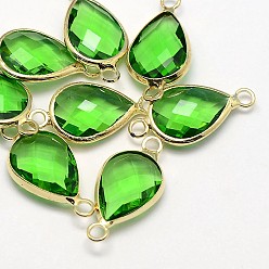 Зелено-Желтый Золотистые латунные стеклянные каплевидные соединители, зеленый желтый, 21x11x5 мм, отверстие : 2 мм