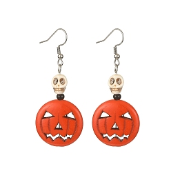Orange Red Synthetic Turquoise Pumpkin & Skull Dangle Earrings, 316 Surgical Stainless Steel Jewelry for Halloween, Orange Red, 60.5x25mm