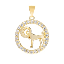 Aries Micro latón allanan colgantes cúbicos del zirconia, colgante redondo plano con constelación, real 18 k chapado en oro, Aries, 16 mm