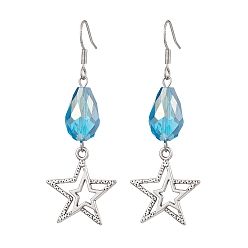 Platinum Alloy Star Dangle Earrings, Brass Glass Teardrop Earrings for Women, Platinum, 58x20.5mm