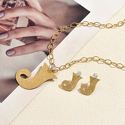 Golden 201 Stainless Steel Letter J Pendant Necklace & Stud Earring Set for Women Party and Formal Wear, Golden, Necklaces: 20.28 inch(51.5cm)