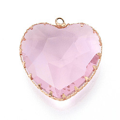 Бледно-Розовый Прозрачные стеклянные подвески, сердце, с латунной кромкой, граненые, розовый жемчуг, 30~32x28~28.5x8.5~9.5 мм, отверстие : 2.2~2.4 мм