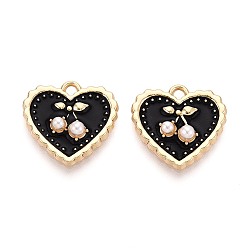 Черный Подвески из эмали и сплава, с ABS имитации жемчуга, сердце с вишневым шармом, золотые, чёрные, 17.5x18x4 мм, отверстие : 1.8 мм