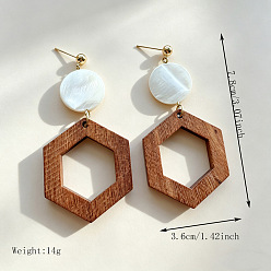Hexágono Pendientes colgantes de madera y aleación para mujer, dorado, hexágono, 78x36 mm