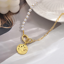 Disc Элегантные ожерелья с подвесками из латуни и ракушечного жемчуга для женщин, золотые, белые, диск, 15.94 дюйм (40.5 см)