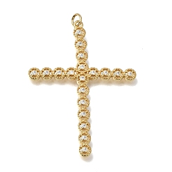 Real 18K Gold Plated Brass Micro Pave Clear Cubic Zirconia Pendants, Round Cross Charms, Lead Free & Cadmium Free, Long-Lasting Plated, Rack Plating, Real 18K Gold Plated, 50x37.5x2.5mm, Hole: 3mm