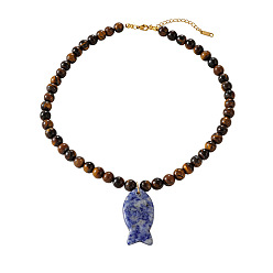Blue Spot Jasper Ocean Natural Blue Spot Jasper Fish Pendant Natural Tiger Eye Round Beaded Necklaces for Women, Golden, 15.75 inch(40cm)