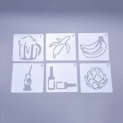 White Plastic Drawing Stencil for Kids Teen Boys Girls, Reusable Drawing Template for DIY Scrapbooking, Journal, School Projects, Fruit and Drink Theme, White, 130x130x0.3mm, 6pcs/set