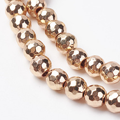Light Gold Plated Non-magnetic Synthetic Hematite Bead Strands, Faceted, Round, Light Gold Plated, 6mm, Hole: 1mm, about 73pcs/strand, 16.5'
