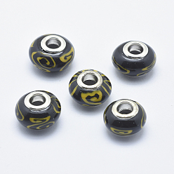 Schwarz Handgemachte  europäischen Fimo-Perlen, mit versilberten Messingkernen, Großloch perlen, Rondell, Schwarz, 13~16x8~11 mm, Bohrung: 4.5~5 mm